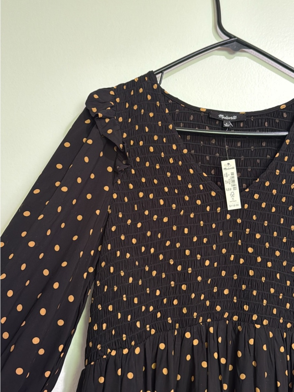 Madewell Black Dress with Mustard Polka Dots and Ruffle Shoulders